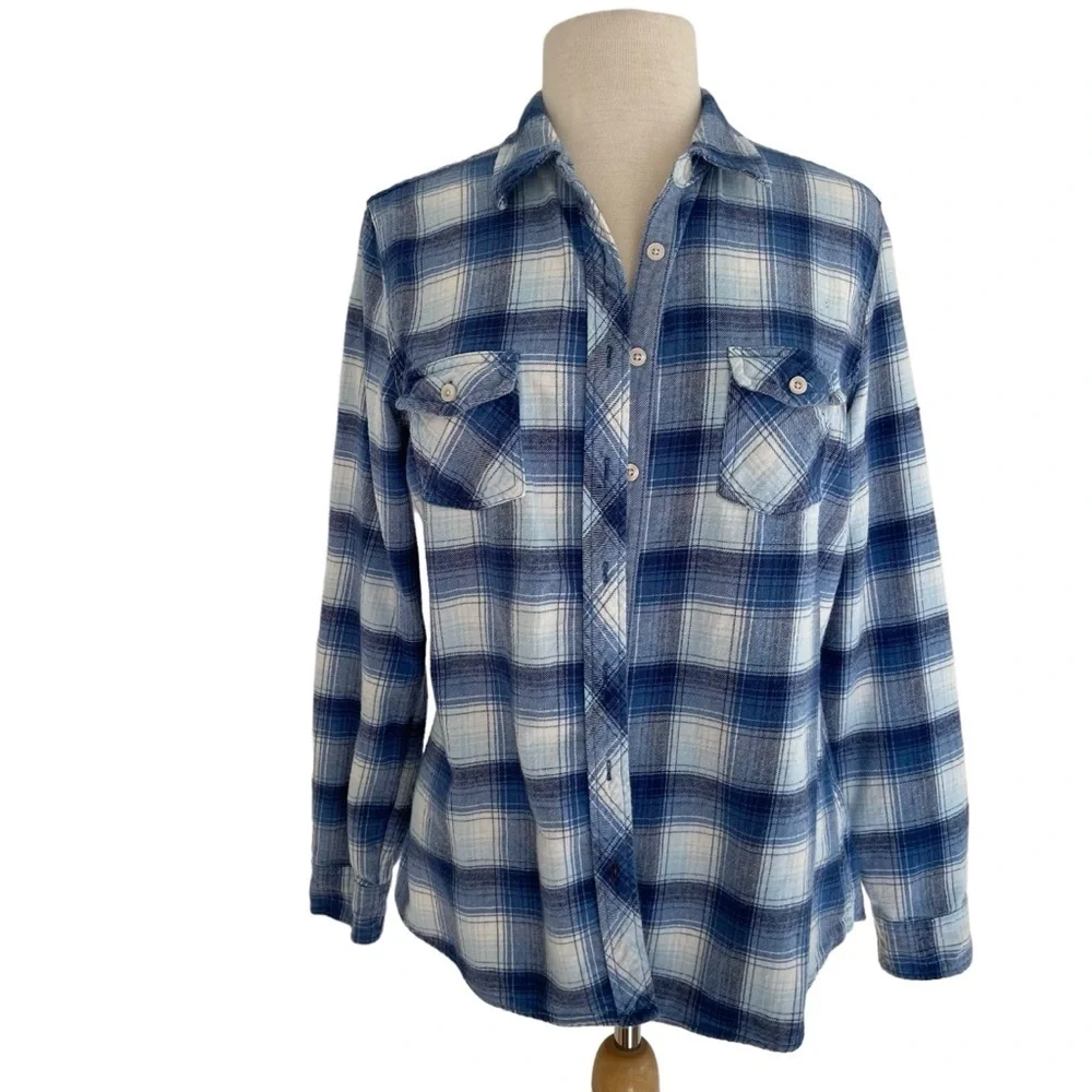 Weather proof Vintage flanel button down shirt white blue plaid pattern Large - Picture 2 of 12